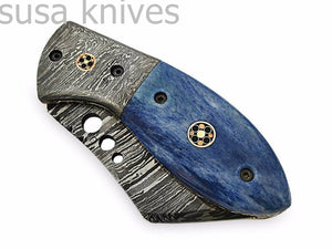 Beautiful Custom Hand Made Damascus Steel Tantoo Folding Knife With Color Bone Handle - SUSA KNIVES