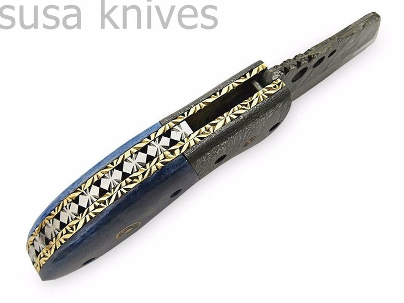 Beautiful Custom Hand Made Damascus Steel Tantoo Folding Knife With Color Bone Handle - SUSA KNIVES