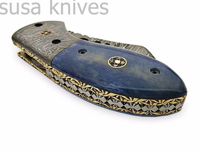 Beautiful Custom Hand Made Damascus Steel Tantoo Folding Knife With Color Bone Handle - SUSA KNIVES