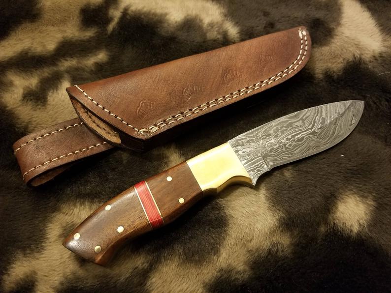 BushCraft Damascus Knife with Brass Guard & Walnut Wood With Red Spacer Scale - SUSA KNIVES