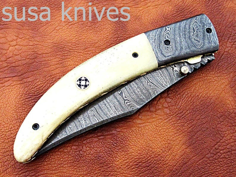 Newly Design Custom Hand Made Damascus Steel Hunting Pocket Knife/Folding Knife with Scrimshaw/Christmas Gift/Anniversary Gift - SUSA KNIVES