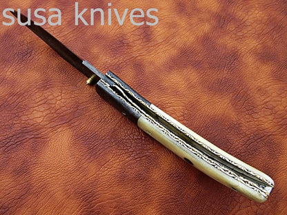Newly Design Custom Hand Made Damascus Steel Hunting Pocket Knife/Folding Knife with Scrimshaw/Christmas Gift/Anniversary Gift - SUSA KNIVES