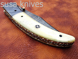 Newly Design Custom Hand Made Damascus Steel Hunting Pocket Knife/Folding Knife with Scrimshaw/Christmas Gift/Anniversary Gift - SUSA KNIVES
