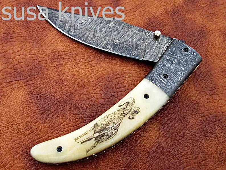 Newly Design Custom Hand Made Damascus Steel Hunting Pocket Knife/Folding Knife with Scrimshaw/Christmas Gift/Anniversary Gift - SUSA KNIVES