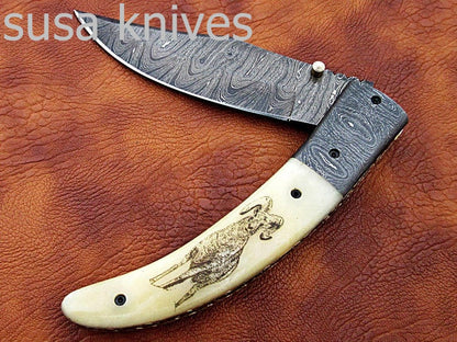 Newly Design Custom Hand Made Damascus Steel Hunting Pocket Knife/Folding Knife with Scrimshaw/Christmas Gift/Anniversary Gift - SUSA KNIVES