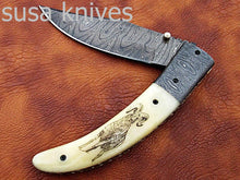 Load image into Gallery viewer, Newly Design Custom Hand Made Damascus Steel Hunting Pocket Knife/Folding Knife with Scrimshaw/Christmas Gift/Anniversary Gift - SUSA KNIVES
