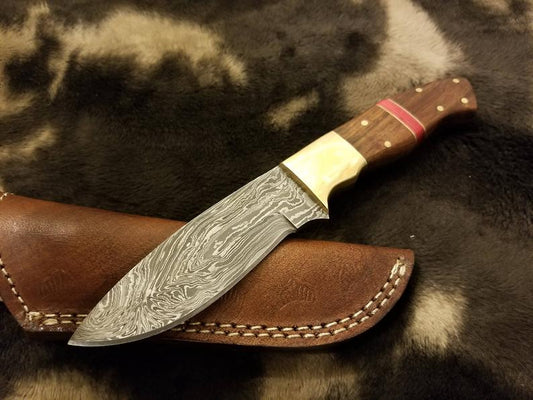 BushCraft Damascus Knife with Brass Guard & Walnut Wood With Red Spacer Scale - SUSA KNIVES