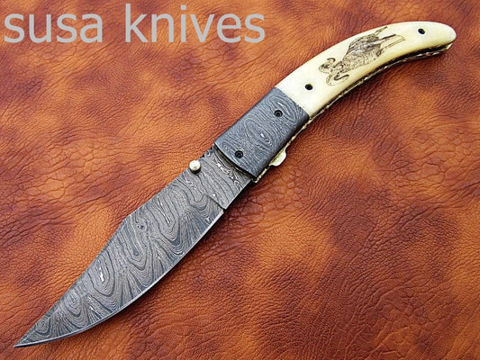 Newly Design Custom Hand Made Damascus Steel Hunting Pocket Knife/Folding Knife with Scrimshaw/Christmas Gift/Anniversary Gift - SUSA KNIVES