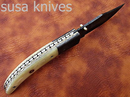 Newly Design Custom Hand Made Damascus Steel Hunting Pocket Knife/Folding Knife with Scrimshaw/Christmas Gift/Anniversary Gift - SUSA KNIVES