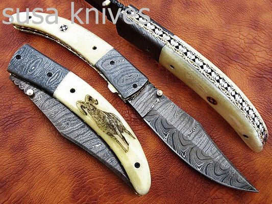 Newly Design Custom Hand Made Damascus Steel Hunting Pocket Knife/Folding Knife with Scrimshaw/Christmas Gift/Anniversary Gift - SUSA KNIVES