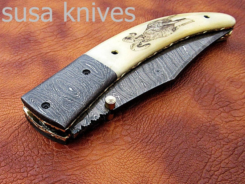 Newly Design Custom Hand Made Damascus Steel Hunting Pocket Knife/Folding Knife with Scrimshaw/Christmas Gift/Anniversary Gift - SUSA KNIVES