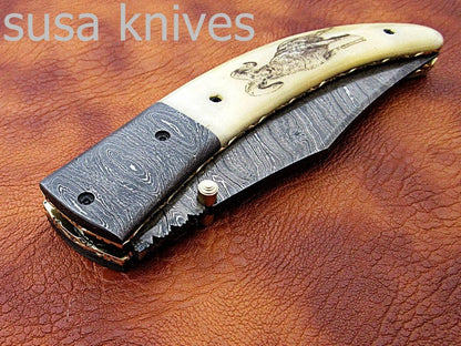 Newly Design Custom Hand Made Damascus Steel Hunting Pocket Knife/Folding Knife with Scrimshaw/Christmas Gift/Anniversary Gift - SUSA KNIVES