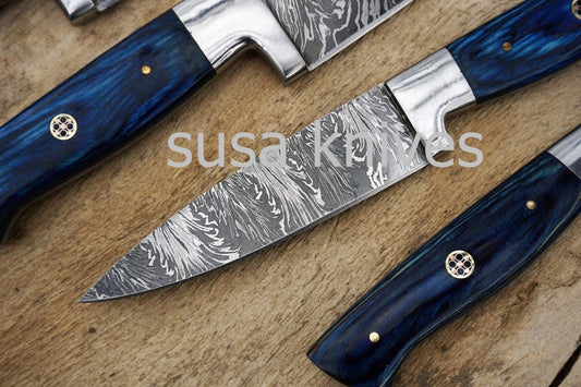 Chef Knife; Twist Pattern Damascus steel, Royal Blue Dyed Rosewood handle - SUSA KNIVES