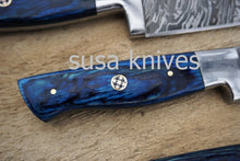 Load image into Gallery viewer, Chef Knife; Twist Pattern Damascus steel, Royal Blue Dyed Rosewood handle - SUSA KNIVES
