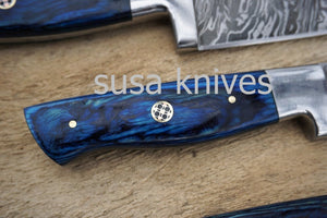 Chef Knife; Twist Pattern Damascus steel, Royal Blue Dyed Rosewood handle - SUSA KNIVES