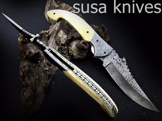 6" Hand Made Damascus Steel Hunting Pocket Knife/Folding Knife With Liner Lock/Christmas Gift/Anniversary Gift/Wedding Gift/Birthday Gift - SUSA KNIVES