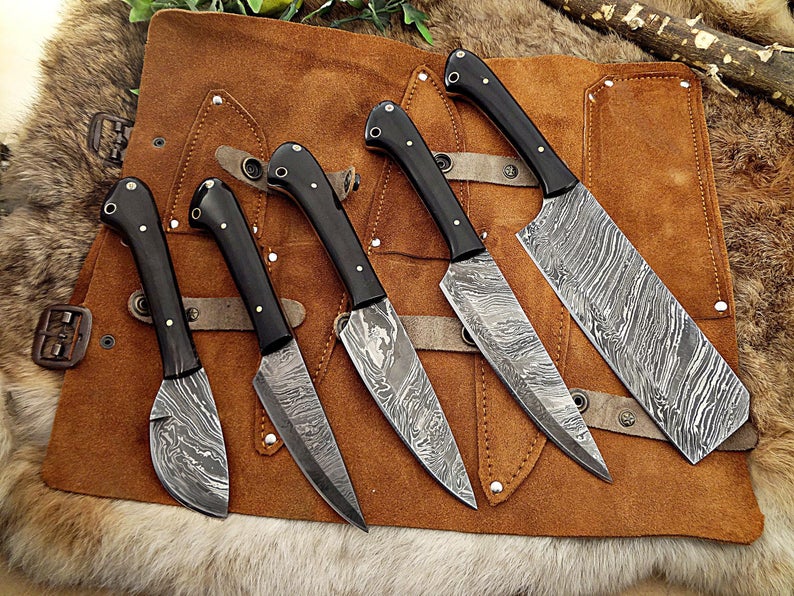 5-Pcs Handmade Damascus steel chef knife Set/Kitchen knife Leather Roller/valentine Gift/Kitchen and Dinning/Cookware/Cutlery/gift for her - SUSA KNIVES