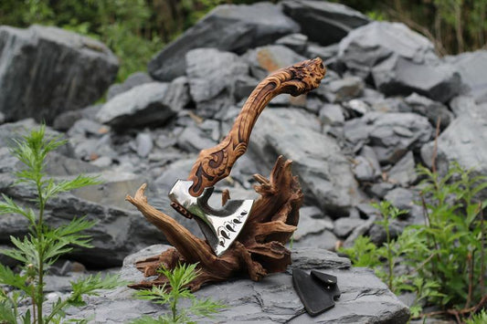 Hand Carved Tiger Axe, Custom Wood Axe, Handmade Wooden Axe,, Hand Forged Hatchet, Personalized Viking Axe - SUSA KNIVES