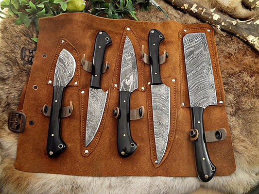 5-Pcs Handmade Damascus steel chef knife Set/Kitchen knife Leather Roller/valentine Gift/Kitchen and Dinning/Cookware/Cutlery/gift for her - SUSA KNIVES