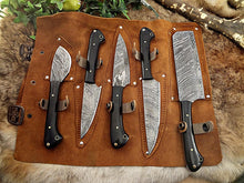 Load image into Gallery viewer, 5-Pcs Handmade Damascus steel chef knife Set/Kitchen knife Leather Roller/valentine Gift/Kitchen and Dinning/Cookware/Cutlery/gift for her - SUSA KNIVES

