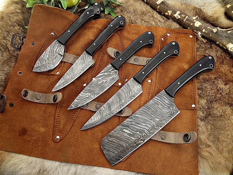 5-Pcs Handmade Damascus steel chef knife Set/Kitchen knife Leather Roller/valentine Gift/Kitchen and Dinning/Cookware/Cutlery/gift for her - SUSA KNIVES
