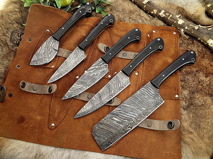 5-Pcs Handmade Damascus steel chef knife Set/Kitchen knife Leather Roller/valentine Gift/Kitchen and Dinning/Cookware/Cutlery/gift for her - SUSA KNIVES