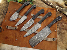 Load image into Gallery viewer, 5-Pcs Handmade Damascus steel chef knife Set/Kitchen knife Leather Roller/valentine Gift/Kitchen and Dinning/Cookware/Cutlery/gift for her - SUSA KNIVES
