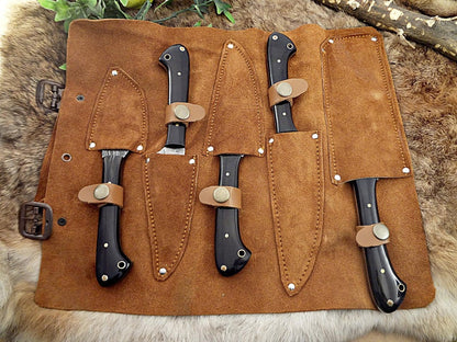 5-Pcs Handmade Damascus steel chef knife Set/Kitchen knife Leather Roller/valentine Gift/Kitchen and Dinning/Cookware/Cutlery/gift for her - SUSA KNIVES