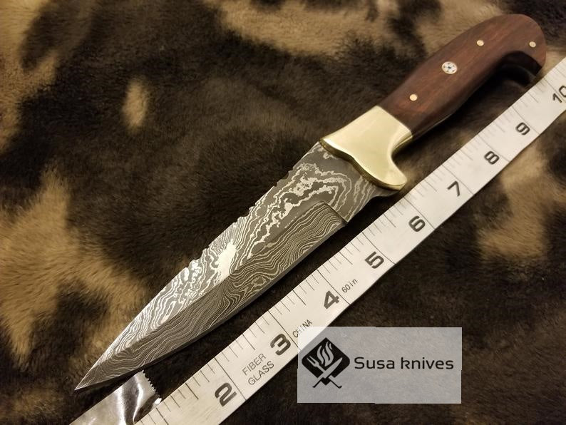 Handmade Damascus Knife with Rose wood & Brass Bolster(Finger Guard) - SUSA KNIVES