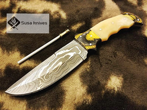 Damascus Steel Bushcraft Combination of bone & Micarta sheet with knife sharpener - SUSA KNIVES