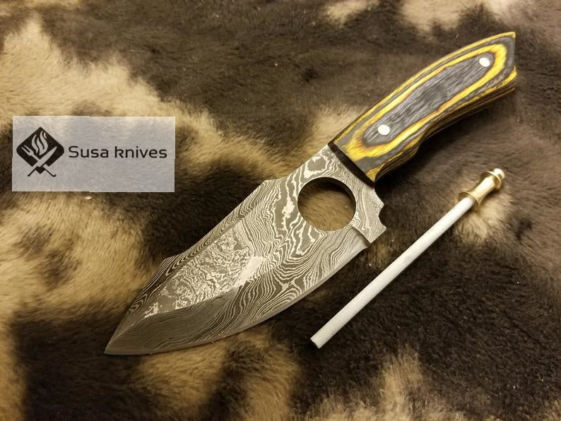 Damascus Steel Skinner Micarta sheet with knife sharpener - SUSA KNIVES