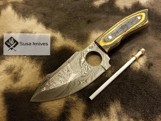 Damascus Steel Skinner Micarta sheet with knife sharpener - SUSA KNIVES