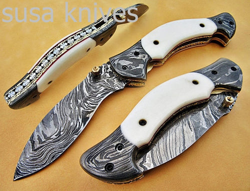 Amazing Hand Made Damascus Steel Hunting Pocket Knife/Folding Knife With Liner Lock/Christmas Gift/Anniversary Gift - SUSA KNIVES