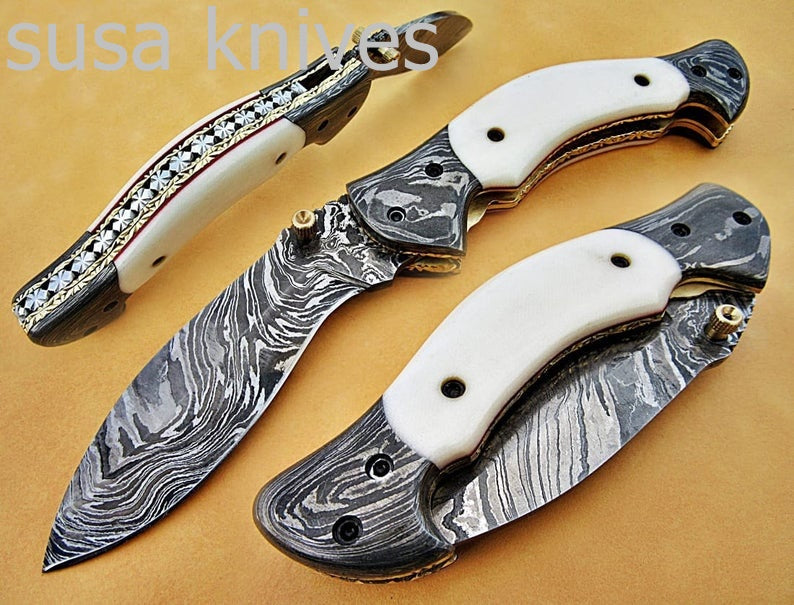 Amazing Hand Made Damascus Steel Hunting Pocket Knife/Folding Knife With Liner Lock/Christmas Gift/Anniversary Gift - SUSA KNIVES