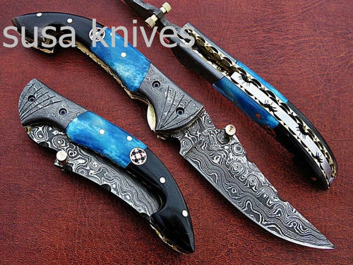 Hand Made Damascus Steel Hunting Folding Knife/Pocket Knife/Liner Lock knife with Leather Sheath/Easter Gift/Anniversary Gift - SUSA KNIVES