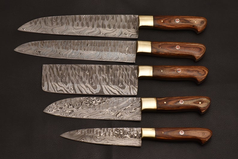 Custom made chef knife set/5-Pcs kitchen knife set with leather roller /valentine gift/gift for her/kitchen and Dinning/Heart Warming gift - SUSA KNIVES