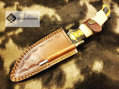 Damascus Steel Bushcraft Combination of bone & Micarta sheet with knife sharpener - SUSA KNIVES