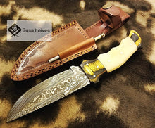 Load image into Gallery viewer, Damascus Steel Bushcraft Combination of bone &amp; Micarta sheet with knife sharpener - SUSA KNIVES
