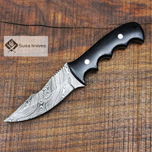 Load image into Gallery viewer, - Damascus Bushcraft Knife with Black Micarta Scales. Hunting / Camping / Survival / Fishing - SUSA KNIVES
