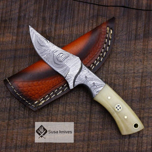 Damascus Bushcraft Knife with Camel Bone Handle - Hunting, Camping, Fixed Blade, Christmas, Anniversary Gift Men, Unique Knife - SUSA KNIVES