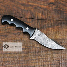 Load image into Gallery viewer, - Damascus Bushcraft Knife with Black Micarta Scales. Hunting / Camping / Survival / Fishing - SUSA KNIVES
