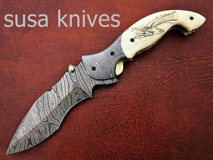 Newly Design Custom Hand Made Damascus Steel Hunting Pocket Knife/Folding Knife with Scrimshaw/Easter Gift/Anniversary Gift - SUSA KNIVES