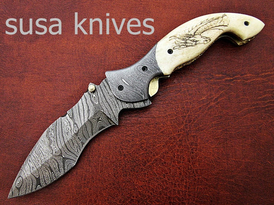 Newly Design Custom Hand Made Damascus Steel Hunting Pocket Knife/Folding Knife with Scrimshaw/Easter Gift/Anniversary Gift - SUSA KNIVES
