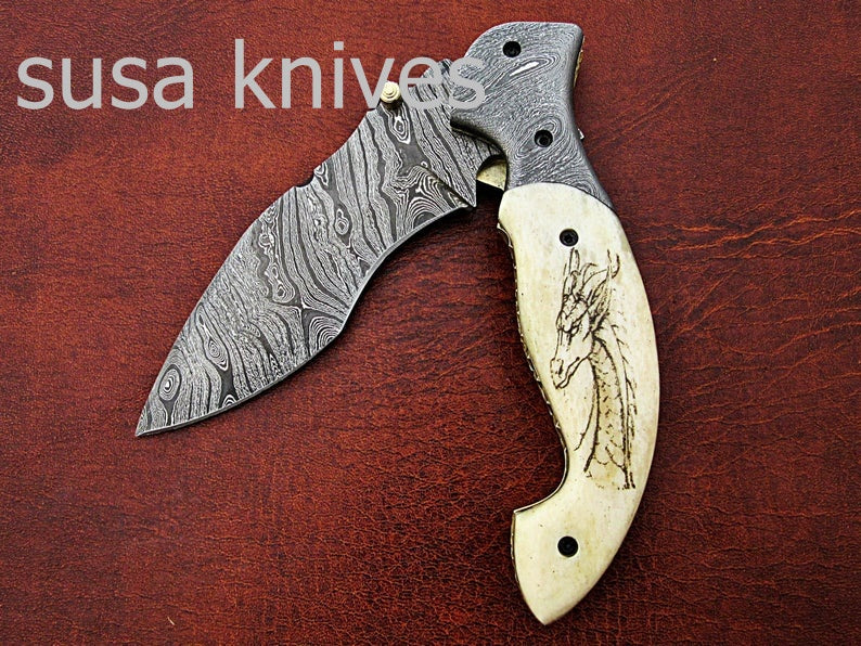 Newly Design Custom Hand Made Damascus Steel Hunting Pocket Knife/Folding Knife with Scrimshaw/Easter Gift/Anniversary Gift - SUSA KNIVES