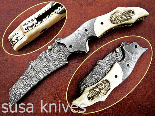Amazing Hand Made Damascus Steel Hunting Pocket Knife/Folding Knife With Liner Lock/Christmas Gift/Anniversary Gift - SUSA KNIVES