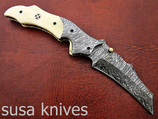Amazing Hand Made Damascus Steel Hunting Pocket Knife/Folding Knife With Liner Lock/Christmas Gift/Anniversary Gift - SUSA KNIVES