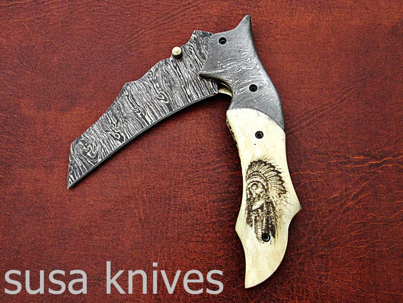 Amazing Hand Made Damascus Steel Hunting Pocket Knife/Folding Knife With Liner Lock/Christmas Gift/Anniversary Gift - SUSA KNIVES