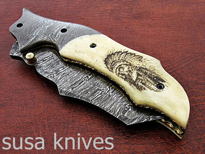 Amazing Hand Made Damascus Steel Hunting Pocket Knife/Folding Knife With Liner Lock/Christmas Gift/Anniversary Gift - SUSA KNIVES
