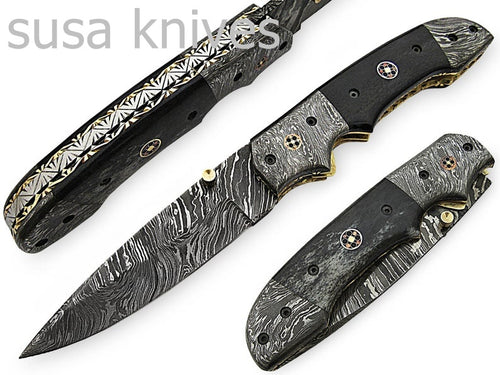 Beautiful Newly Design Custom Hand Made Damascus Steel Hunting Pocket Knife - SUSA KNIVES