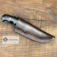 Load image into Gallery viewer, - Damascus Bushcraft Knife with Black Micarta Scales. Hunting / Camping / Survival / Fishing - SUSA KNIVES
